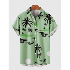 Green Coconut Tree Print Summer Casual Men's Short Sleeve Shirt