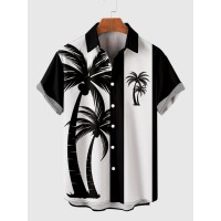 50s Black & White Stitching Coconut Tree Printing Men's Short Sleeve Shirt