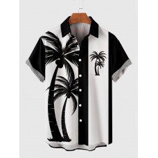 50s Black & White Stitching Coconut Tree Printing Men's Short Sleeve Shirt