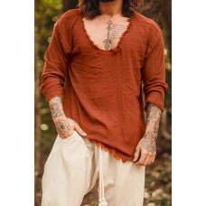 Men's Linen Holiday Plain Round Neck Long Sleeve Shirt