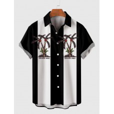 50s Black & White Stripe Palms Coconut Tree and Flamingo Printing Men's Short Sleeve Shirt
