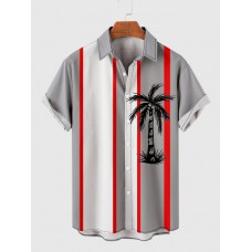 1960s White and Gray Stripe Coconut Tree Printing Men's Short Sleeve Shirt