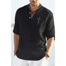 Men's Standing Collar Plain Cotton Linen Short Sleeve Fashion Casual Long-sleeved Shirt