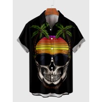 Black Coconut Tree and Skull Head Printing Hawaiian Men's Short Sleeve Shirt