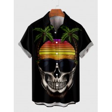 Black Coconut Tree and Skull Head Printing Hawaiian Men's Short Sleeve Shirt