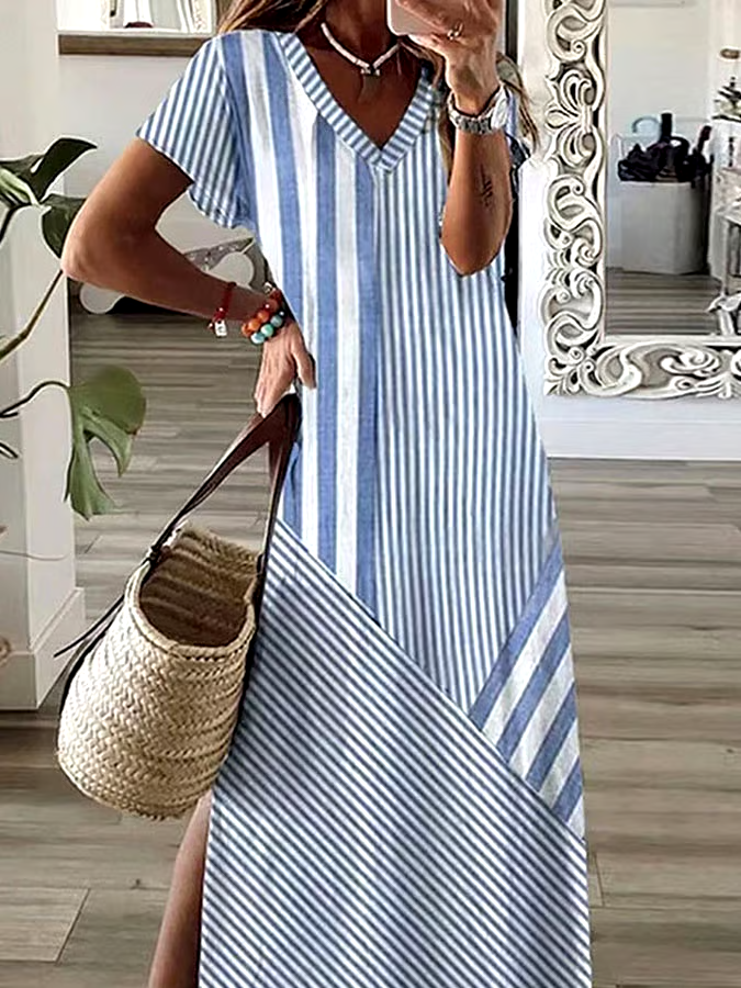 Women's Casual V-Neck Short Sleeve Striped Print Dress Women's Casual V-Neck Short Sleeve Striped Print Dress