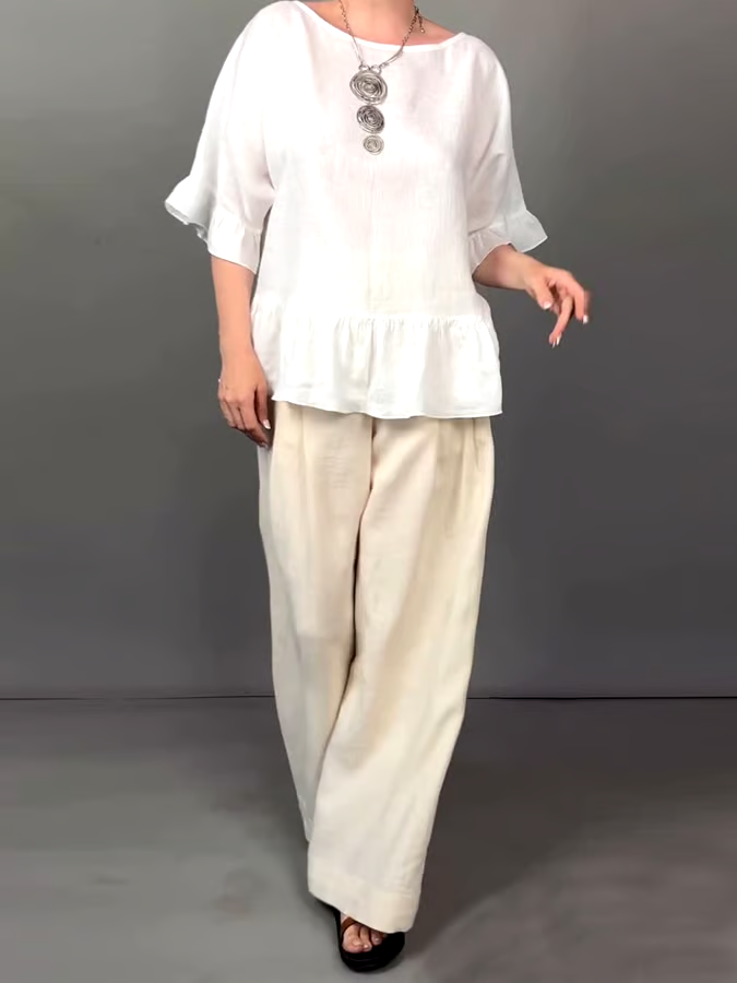 Women's Casual Solid Color Ruffled Top Contrast Color Cotton and Linen Two-piece Set Women's Casual Solid Color Ruffled Top Contrast Color Cotton and Linen Two-piece Set