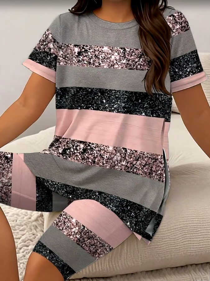 Women's Casual Round Neck Striped  Print Short Sleeve T-Shirt Shorts Set Women's Casual Round Neck Striped  Print Short Sleeve T-Shirt Shorts Set
