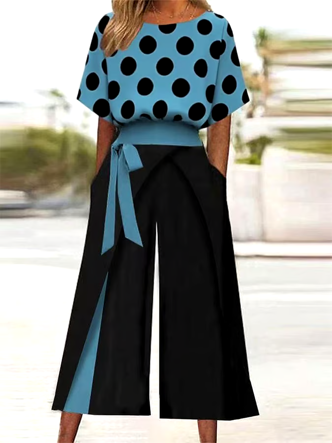Women's Casual Round Neck Polka Dot Printed Trousers Two-Piece Set Women's Casual Round Neck Polka Dot Printed Trousers Two-Piece Set