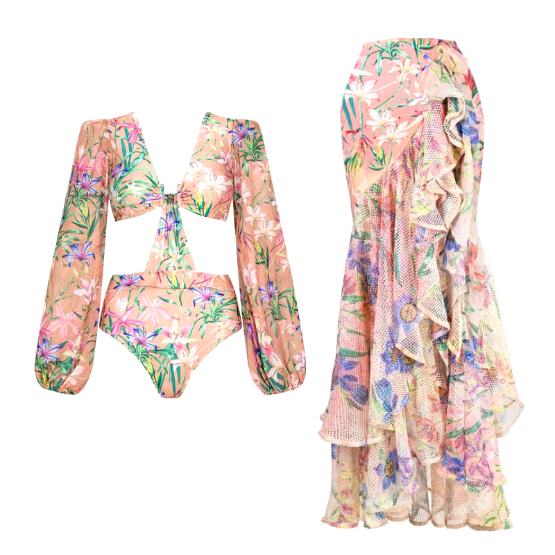 DBVACAY V Neck Cutout Floral Print Fishtail Skirt Swimsuit Set DBVACAY V Neck Cutout Floral Print Fishtail Skirt Swimsuit Set