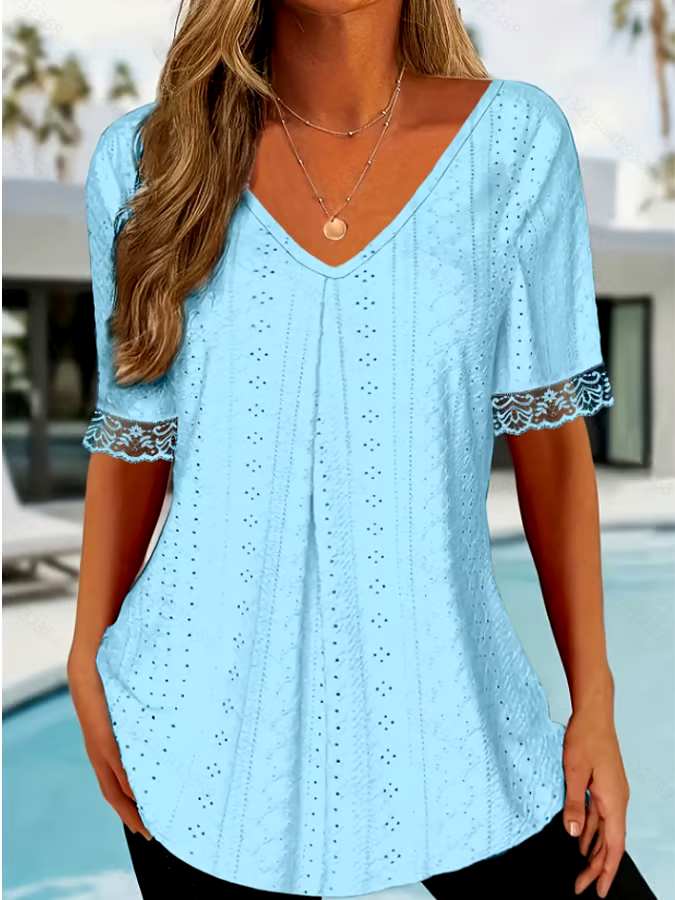Women's solid color V-neck loose short-sleeved pleated T-shirt Women's solid color V-neck loose short-sleeved pleated T-shirt