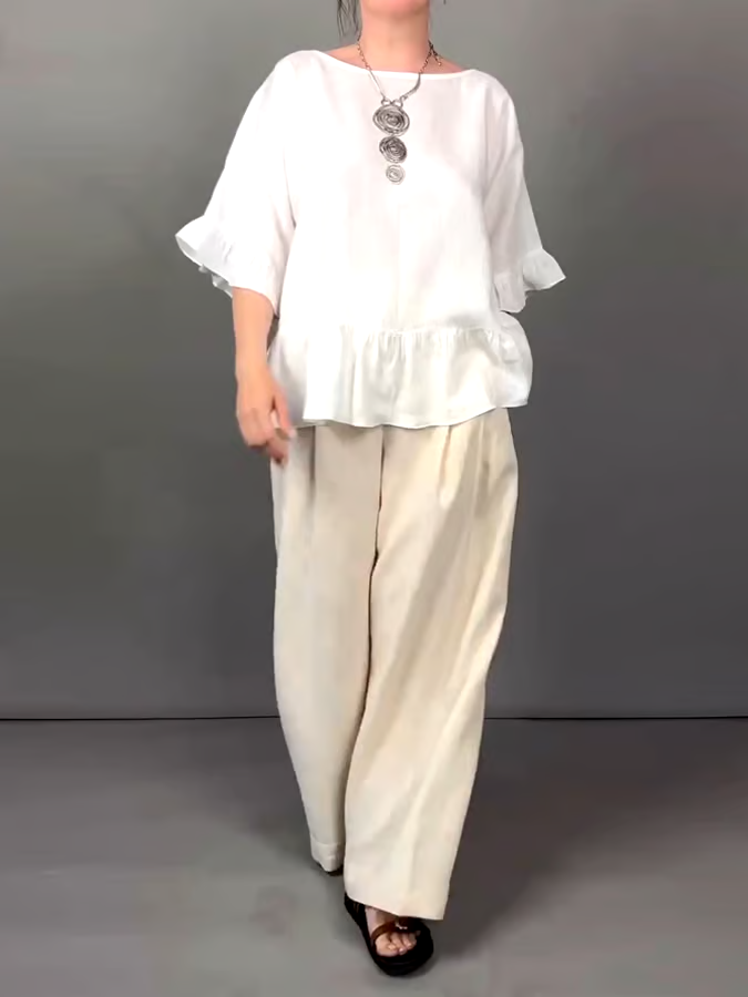Women's Casual Solid Color Ruffled Top Contrast Color Cotton and Linen Two-piece Set Women's Casual Solid Color Ruffled Top Contrast Color Cotton and Linen Two-piece Set