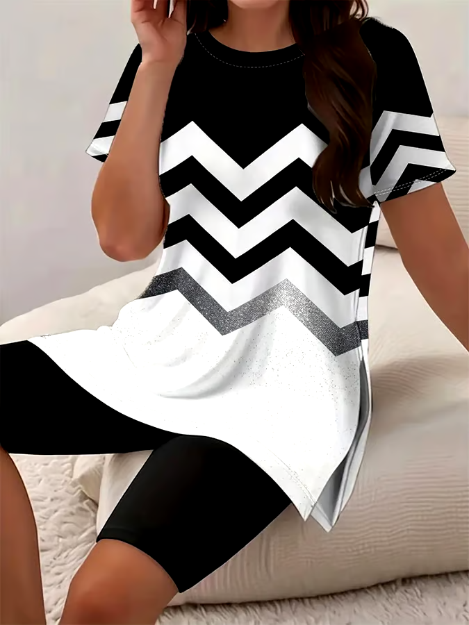 Women'S Casual Round Neck Gradient Contrast Pattern Short-Sleeved T-Shirt Shorts Set Women'S Casual Round Neck Gradient Contrast Pattern Short-Sleeved T-Shirt Shorts Set