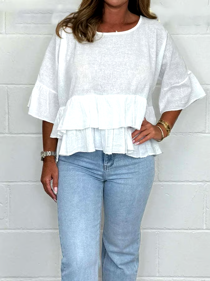 Women'S Solid Color Round Neck Ruffled Cotton And Linen Top Women'S Solid Color Round Neck Ruffled Cotton And Linen Top