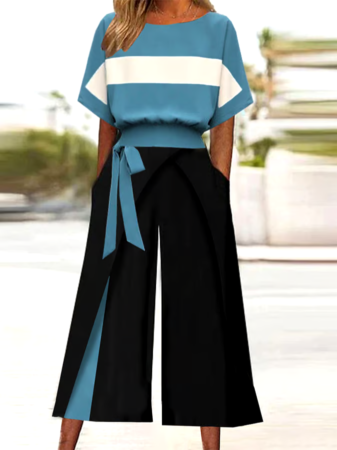 Women's Casual Round Neck Contrast Color Pants Two-Piece Set Women's Casual Round Neck Contrast Color Pants Two-Piece Set