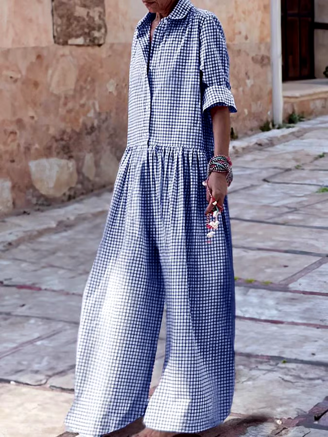 Women's Vintage Classic Plaid Long Sleeve Pocket Shirt Jumpsuit Women's Vintage Classic Plaid Long Sleeve Pocket Shirt Jumpsuit