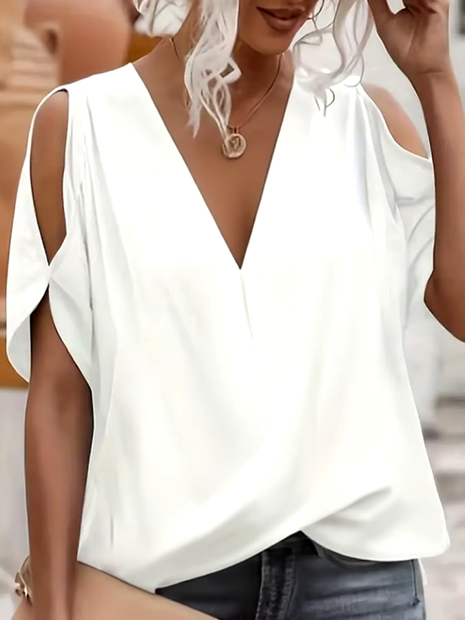 Women's Casual Solid Color Off Shoulder V Neck T-Shirt Women's Casual Solid Color Off Shoulder V Neck T-Shirt