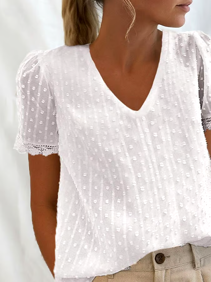Women's Casual Solid Color V-Neck Short Sleeve Polka Dot Lace Top Women's Casual Solid Color V-Neck Short Sleeve Polka Dot Lace Top