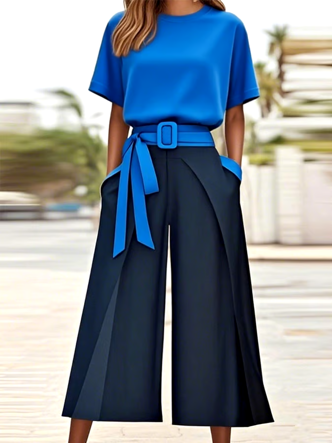 Women'S Casual Round Neck Top Contrast Color Two-Piece Suit Women'S Casual Round Neck Top Contrast Color Two-Piece Suit