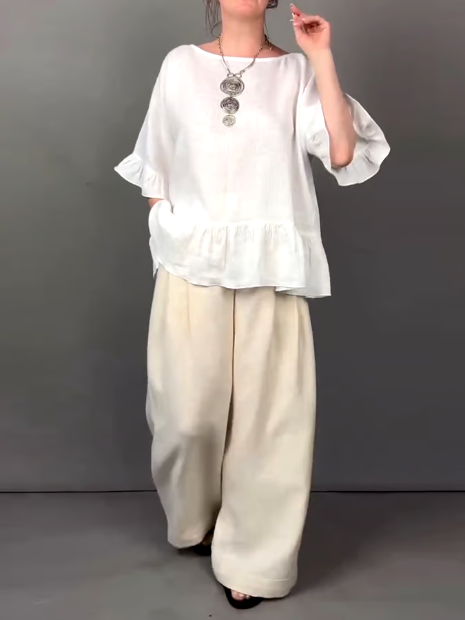 Women's Casual Solid Color Ruffled Top Contrast Color Cotton and Linen Two-piece Set Women's Casual Solid Color Ruffled Top Contrast Color Cotton and Linen Two-piece Set