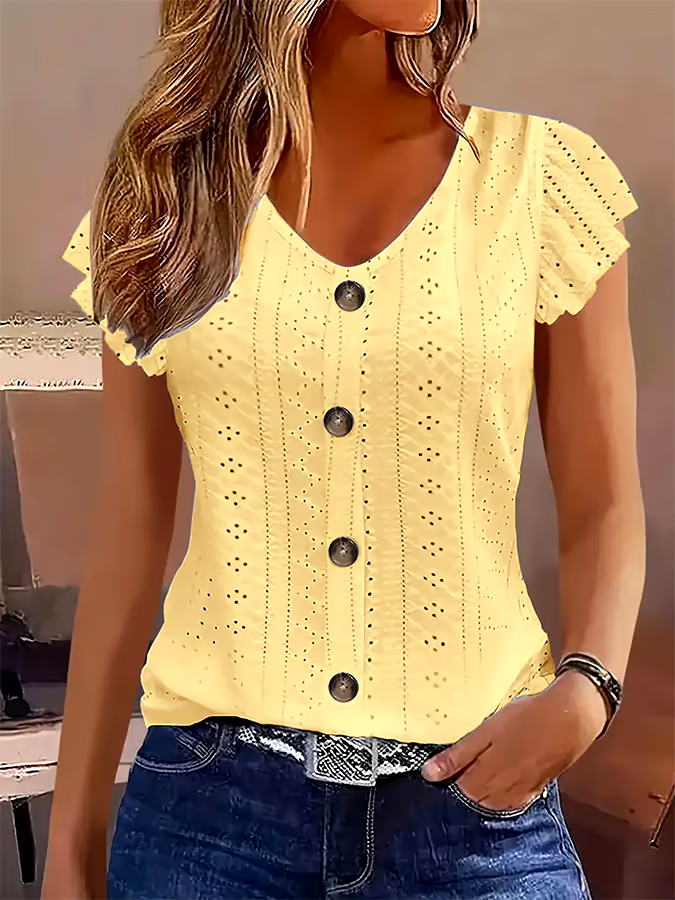 Women's Casual Solid Color Lotus Sleeve V-Neck T-Shirt Women's Casual Solid Color Lotus Sleeve V-Neck T-Shirt