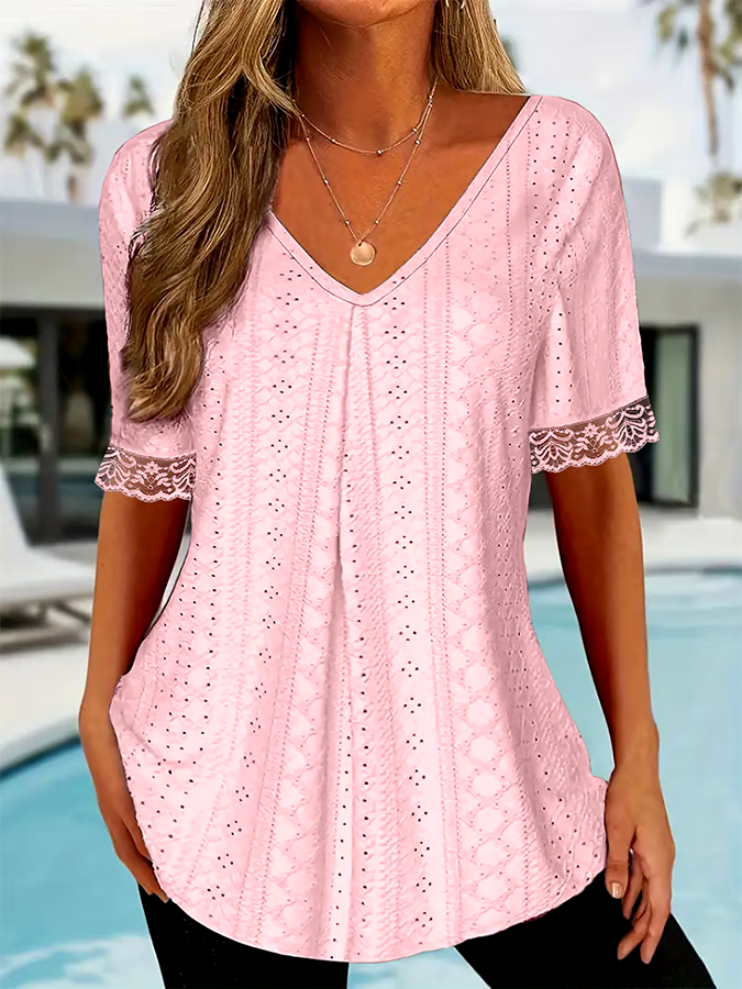 Women's solid color V-neck loose short-sleeved pleated T-shirt Women's solid color V-neck loose short-sleeved pleated T-shirt