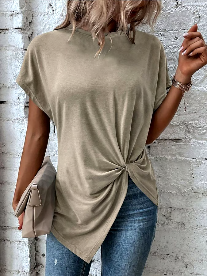 Women's Casual Solid Color Pleated Round Neck Short Sleeve Top Women's Casual Solid Color Pleated Round Neck Short Sleeve Top