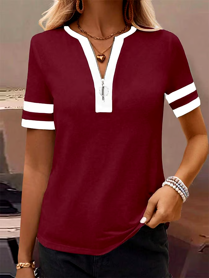 Women's Spring and Summer Solid Color Casual Splicing Zipper Top Women's Spring and Summer Solid Color Casual Splicing Zipper Top
