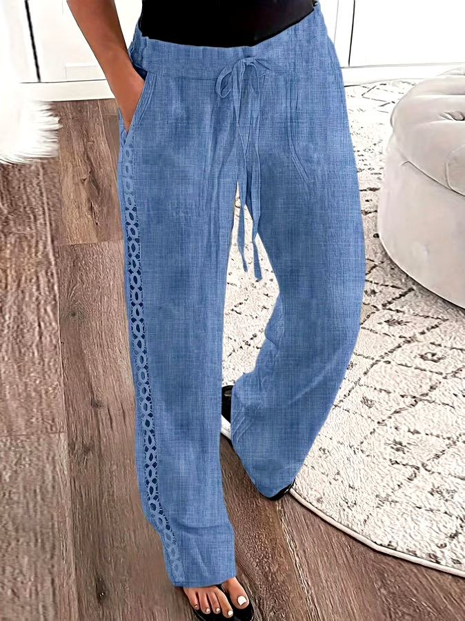 Women's Casual Solid Color Side Hollow Design Cotton and Linen Pants Women's Casual Solid Color Side Hollow Design Cotton and Linen Pants