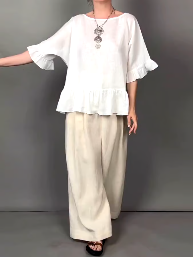 Women's Casual Solid Color Ruffled Top Contrast Color Cotton and Linen Two-piece Set Women's Casual Solid Color Ruffled Top Contrast Color Cotton and Linen Two-piece Set