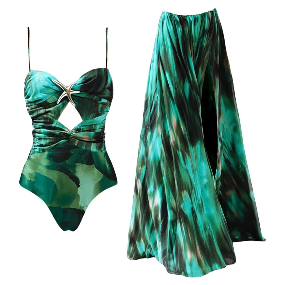 Starfish Decoration Print Hollow-out Flared Skirt Swimsuit Set Starfish Decoration Print Hollow-out Flared Skirt Swimsuit Set