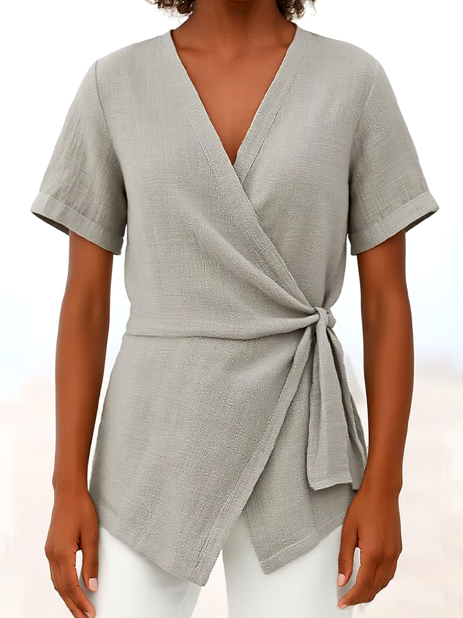 Women's Casual Solid Color V Neck Short Sleeve Lace-up Cotton and Linen Top Women's Casual Solid Color V Neck Short Sleeve Lace-up Cotton and Linen Top