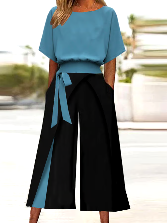 Women'S Casual Round-Neck Contrast Color Two-Piece Set Women'S Casual Round-Neck Contrast Color Two-Piece Set