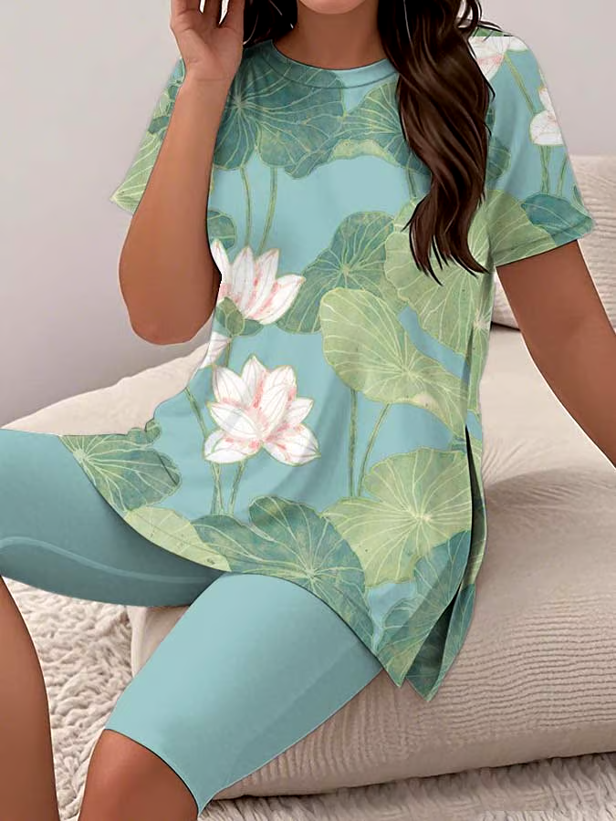Women's Casual Round Neck  Print Short Sleeve T-Shirt Shorts Set Women's Casual Round Neck  Print Short Sleeve T-Shirt Shorts Set