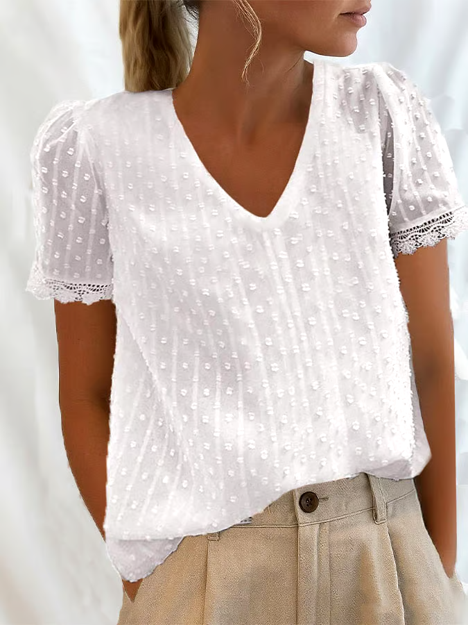 Women's Casual Solid Color V-Neck Short Sleeve Polka Dot Lace Top Women's Casual Solid Color V-Neck Short Sleeve Polka Dot Lace Top