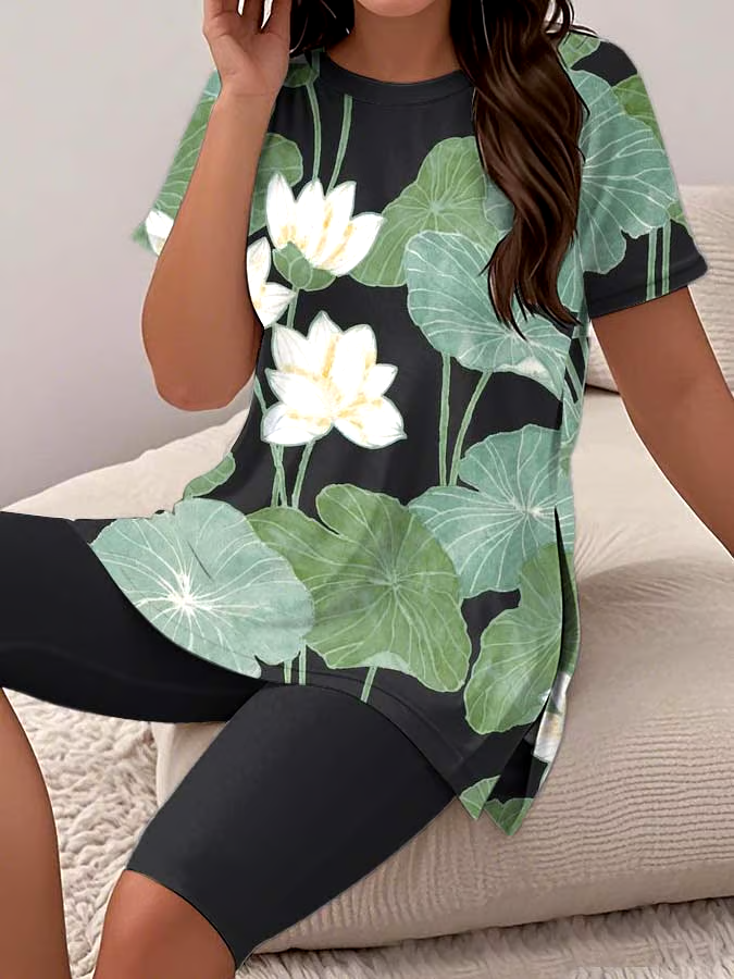 Women's Casual Round Neck  Print Short Sleeve T-Shirt Shorts Set Women's Casual Round Neck  Print Short Sleeve T-Shirt Shorts Set