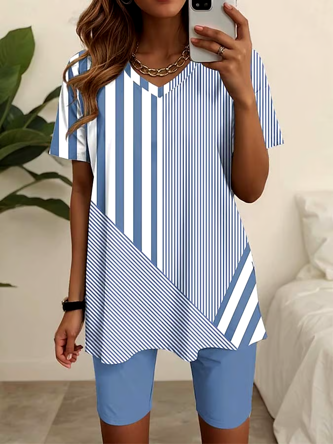 Women'S Loose Striped Slit Top Shorts Set Women'S Loose Striped Slit Top Shorts Set
