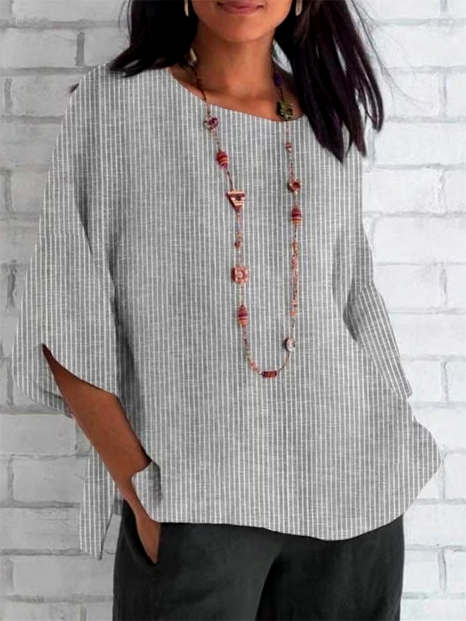 Women's Spring and Summer Round Neck Cotton and Linen Striped Loose Top Women's Spring and Summer Round Neck Cotton and Linen Striped Loose Top
