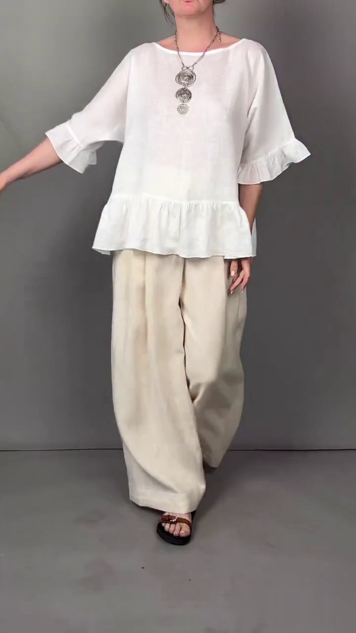 Women's Casual Solid Color Ruffled Top Contrast Color Cotton and Linen Two-piece Set Women's Casual Solid Color Ruffled Top Contrast Color Cotton and Linen Two-piece Set