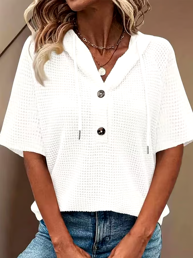 Women's Casual Solid Color Hooded Half-Button Waffle Top Women's Casual Solid Color Hooded Half-Button Waffle Top