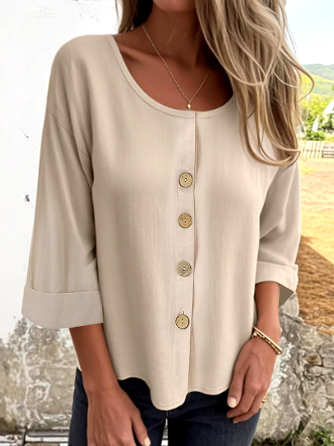 Women's Casual Solid Color V-Neck Mid-Sleeve Cotton and Linen Top Women's Casual Solid Color V-Neck Mid-Sleeve Cotton and Linen Top