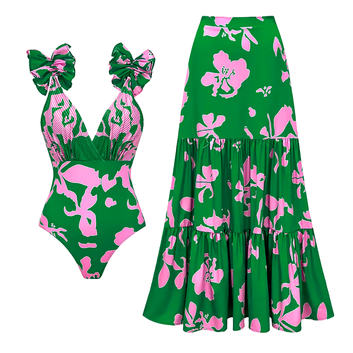 DBVACAY Ruffled Strap Printed One Piece Flared Skirt Swimsuit Set DBVACAY Ruffled Strap Printed One Piece Flared Skirt Swimsuit Set