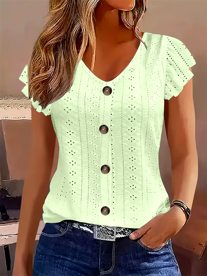 Women's Casual Solid Color Lotus Sleeve V-Neck T-Shirt Women's Casual Solid Color Lotus Sleeve V-Neck T-Shirt