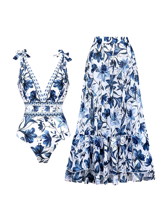 Women'S Floral Print One-Piece Swimsuit And Skirt Women'S Floral Print One-Piece Swimsuit And Skirt