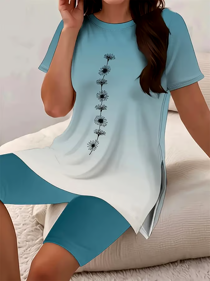 Women's Casual Round Neck Gradient Pattern Short Sleeve T-Shirt Shorts Set Women's Casual Round Neck Gradient Pattern Short Sleeve T-Shirt Shorts Set