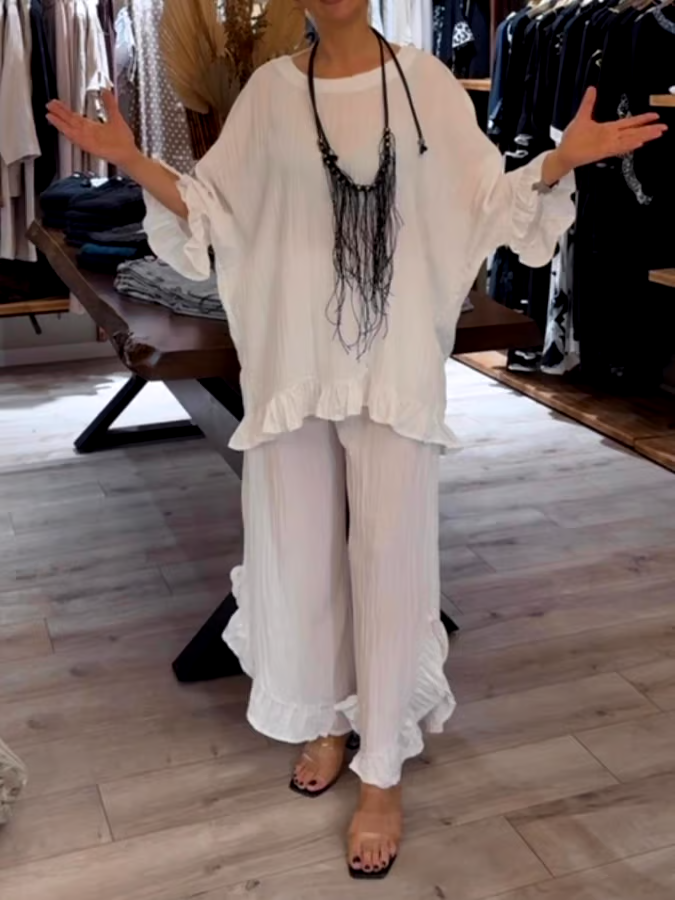 Women'S Solid Color Round Neck Lotus Leaf Sleeve Pleated Casual Set Women'S Solid Color Round Neck Lotus Leaf Sleeve Pleated Casual Set