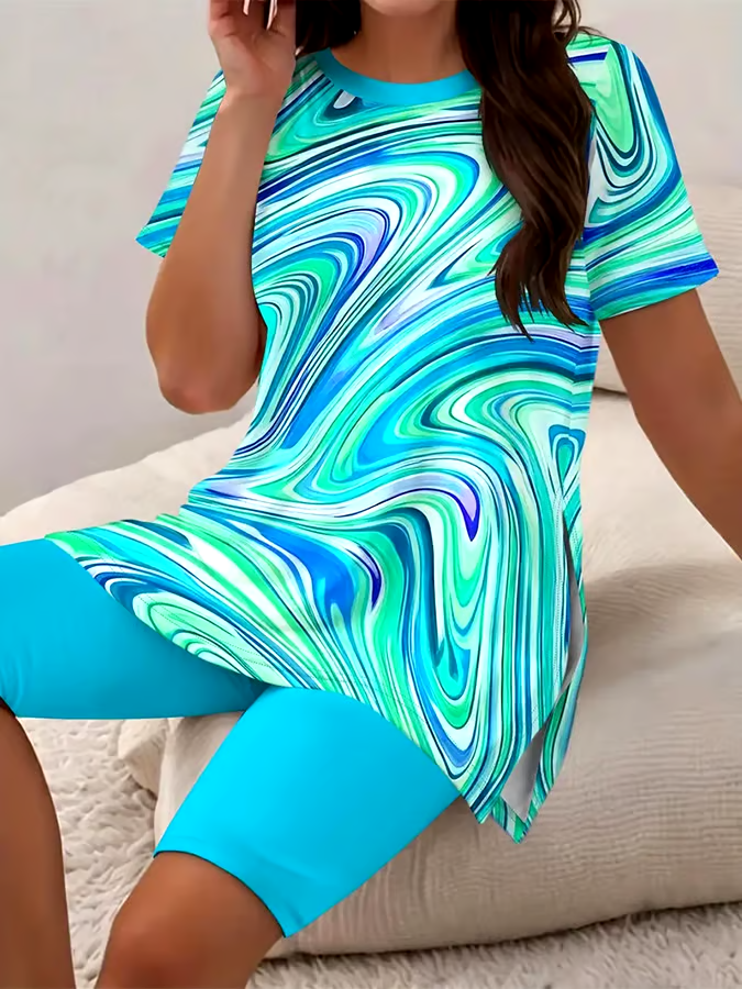 Women's Casual Round Neck Abstract Pattern Short Sleeve T-Shirt Shorts Set Women's Casual Round Neck Abstract Pattern Short Sleeve T-Shirt Shorts Set