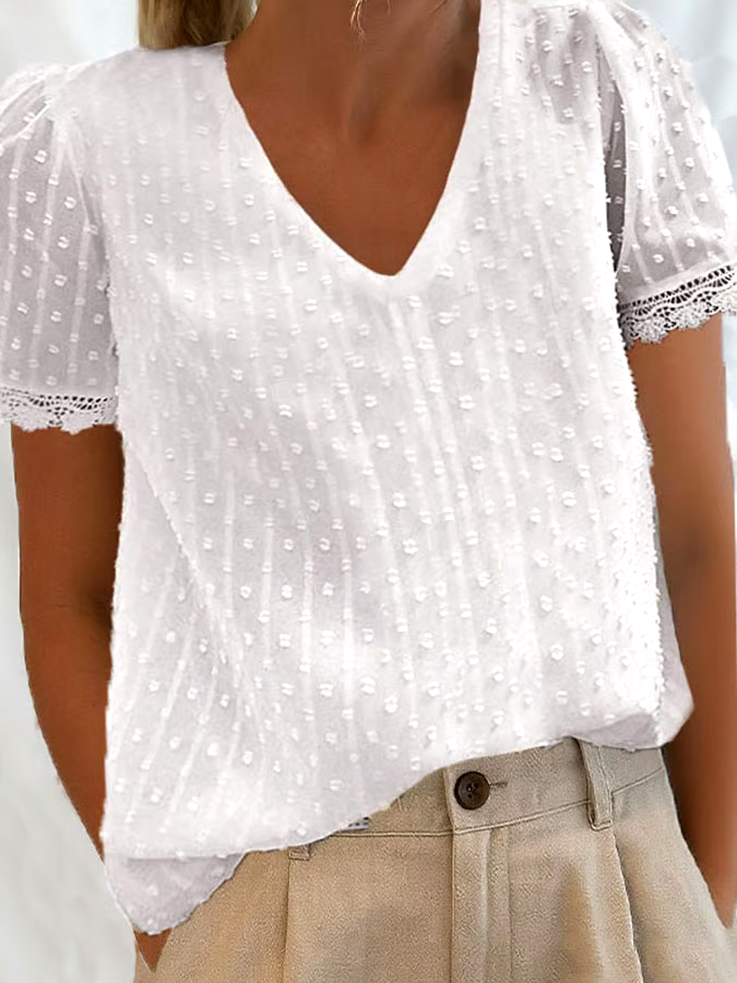 Women's Casual Solid Color V-Neck Short Sleeve Polka Dot Lace Top Women's Casual Solid Color V-Neck Short Sleeve Polka Dot Lace Top