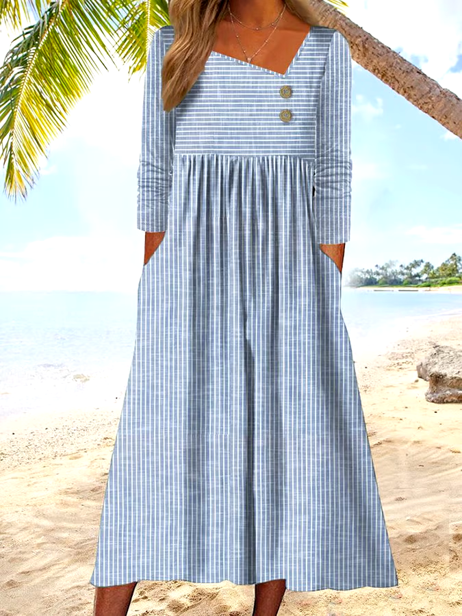 Women's Retro Striped Pockets And Buttons Casual Dress Women's Retro Striped Pockets And Buttons Casual Dress