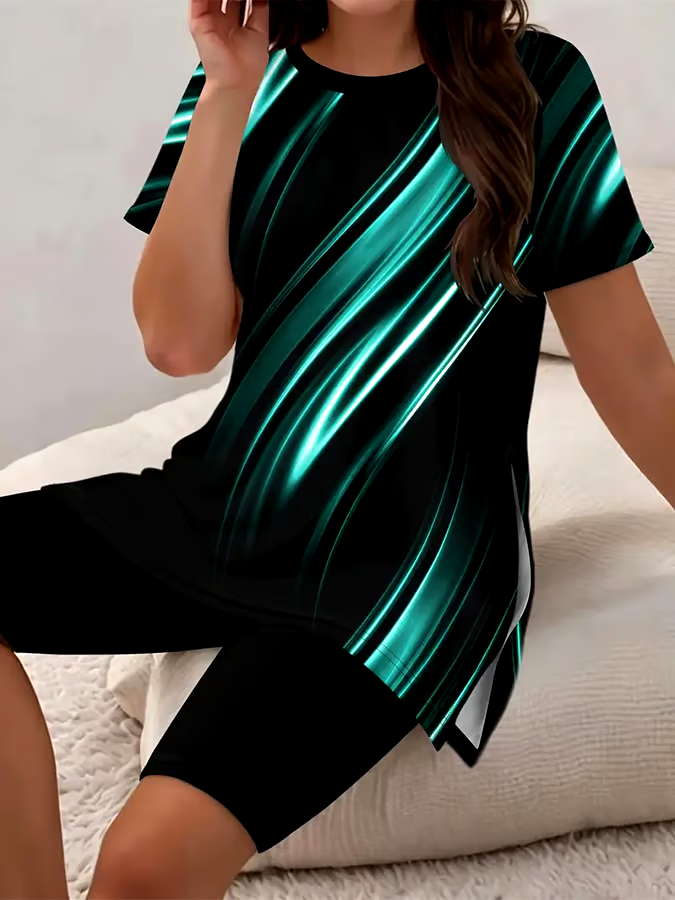 Women'S Casual Round Neck Gradient Print Short-Sleeved T-Shirt Shorts Set Women'S Casual Round Neck Gradient Print Short-Sleeved T-Shirt Shorts Set